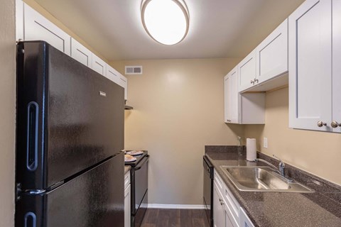a kitchen with stainless steel appliances and a black refrigerator