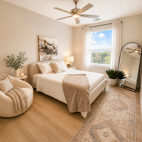 Spacious primary bedroom at 200 Main Kannapolis featuring contemporary finishes, large windows, and designer furnishings.