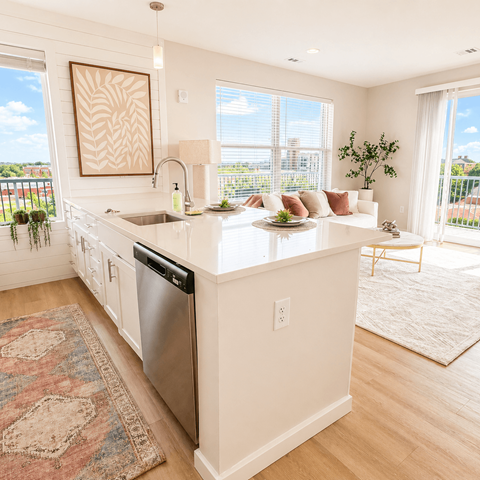 A kitchen with a large window and a view of the city.