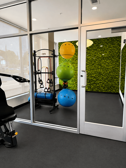 A gym with a green wall and a yellow ball.