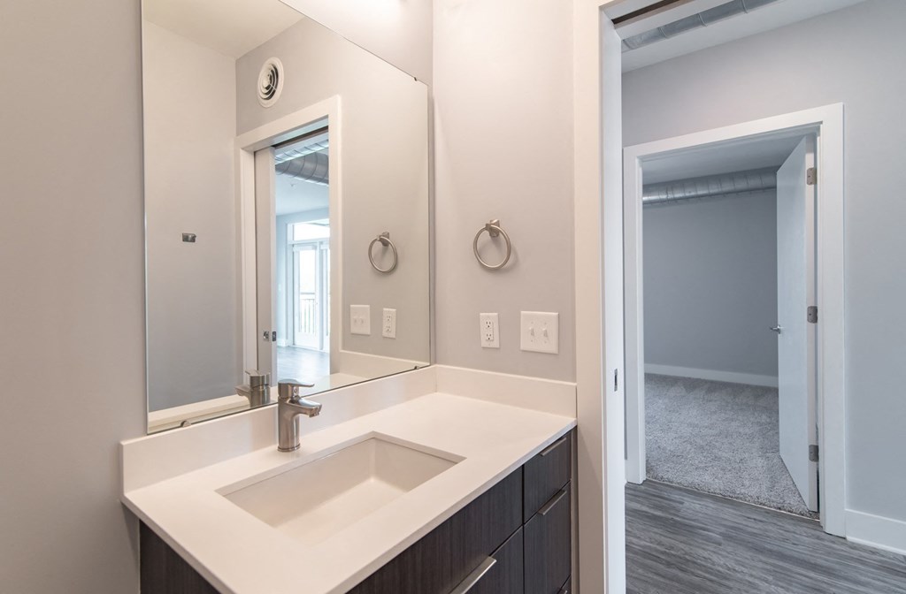 Bathroom With Storage Area at Novi Flats, Concord, NC, 28025