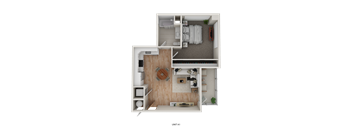 A top-down view of a small apartment with a living room, kitchen, and bedroom.