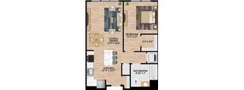 A floor plan of a small apartment with a living room, dining room, kitchen, and two bathrooms.