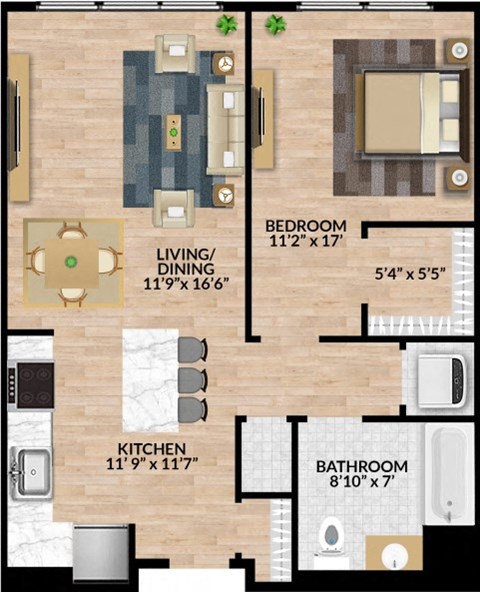A floor plan of a small apartment with a living room, dining room, kitchen, and two bathrooms.