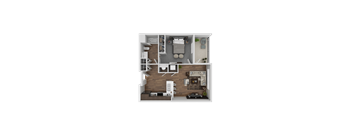 A top-down view of a small apartment with a living room, kitchen, and bedroom.