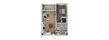 A top-down view of a small apartment with a living room, kitchen, and bedroom.