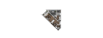 A 3D floor plan of a house with a kitchen, living room, and bedrooms.