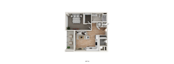 A 3D floor plan of a small apartment with a living room, kitchen, and bedroom.