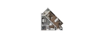 A top-down view of a house floor plan with a kitchen, living room, and bedrooms.