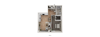 A 3D rendered image of a small apartment layout.
