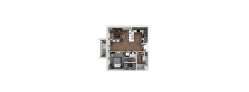 A top-down view of a modern apartment layout with a living room, kitchen, dining area, and bedrooms.