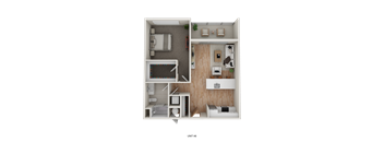 A 3D floor plan of a small apartment with a bedroom, living room, and kitchen.