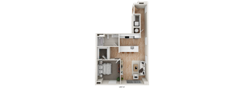 A top-down view of a small apartment with a bedroom, living room, and bathroom.