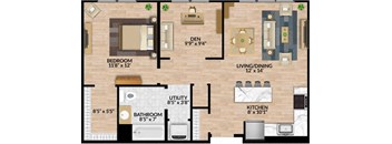 A floor plan of a house showing a bedroom, bathroom, kitchen, living room, and dining room.