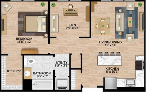 A floor plan of a house showing a bedroom, bathroom, kitchen, living room, and dining room.