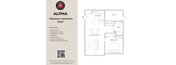 A floor plan for a 1 bedroom 1 bathroom apartment at The Rial apartment complex.