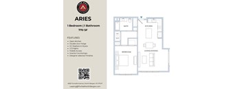 A floor plan and description of a 1 bedroom apartment for rent.
