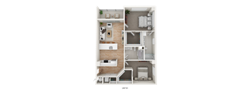 A 3D floor plan of a small apartment with a kitchen, living room, and bedroom.