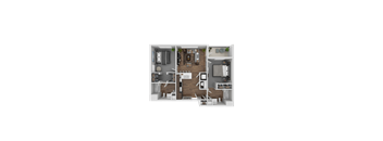 A 3D floor plan of a small apartment with a kitchen, living room, and bedroom.