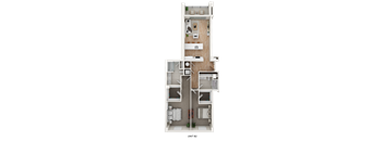 A floor plan of a two-story apartment with a living room, kitchen, and bedrooms.