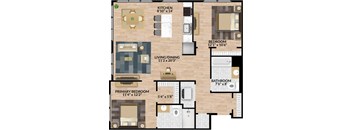 A floor plan of a house showing a kitchen, living room, dining room, three bedrooms, and a bathroom.