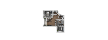A 3D floor plan of a small apartment with a kitchen, living room, and bedrooms.