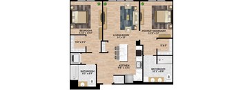 A floor plan of a house with a living room, two bedrooms, two bathrooms, and a kitchen.
