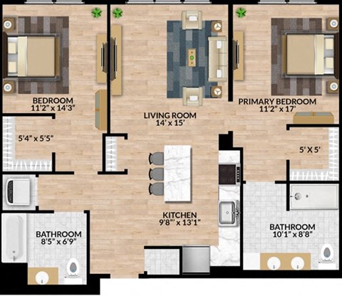 A floor plan of a house with a living room, two bedrooms, two bathrooms, and a kitchen.