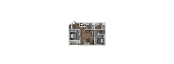 A 3D floor plan of a house with a kitchen, living room, and two bedrooms.