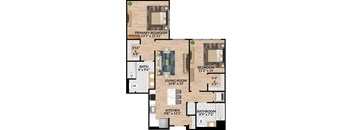 A floor plan of a house with a living room, kitchen, two bedrooms, and a bathroom.