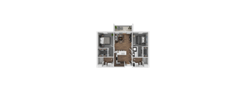 A 3D floor plan of a small apartment with a kitchen, living room, and two bedrooms.