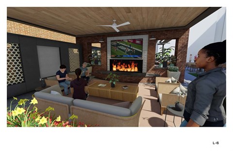 A group of people are gathered in a living room with a television and a fireplace.