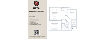 A floor plan for a two bedroom, two bathroom apartment with features listed on the left.