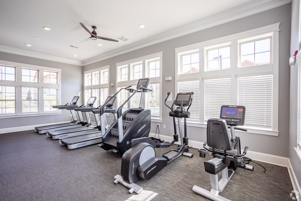 the gym is equipped with state of the art cardio equipment and windows