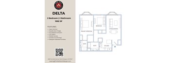A floor plan for a 2 bedroom, 2 bathroom apartment with features listed on the left.