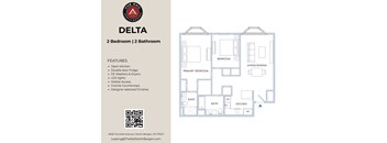 A floor plan of a two bedroom, two bathroom apartment with features listed on the left.