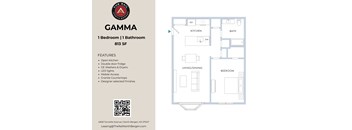 A floor plan of a one bedroom apartment with a kitchen and bathroom.