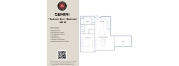 A floor plan for a one bedroom den with a bathroom and 982 square feet of living space.