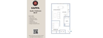 A floor plan of a studio apartment with a kitchen, living room, and bathroom.