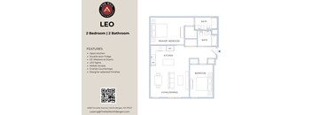 A floor plan for a 2 bedroom, 2 bathroom apartment with features listed on the left.