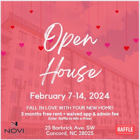 a poster for an open house with a pink background and red hearts