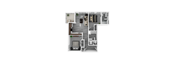 A top-down view of a small apartment with a living room, kitchen, and bathroom.