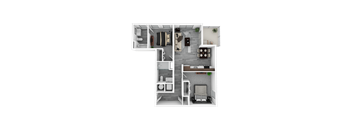 A top-down view of a house layout with a living room, kitchen, dining area, and bedrooms.