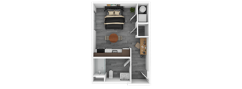 A top-down view of a small, modern apartment with a bed, a desk, and a kitchenette.