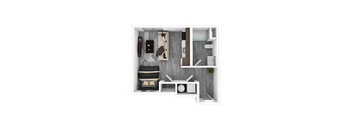 A top-down view of a living room with a couch, a coffee table, and a television.
