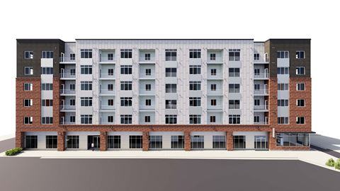 a rendering of an apartment building on a street