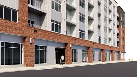 a rendering of an apartment building on the corner of a street