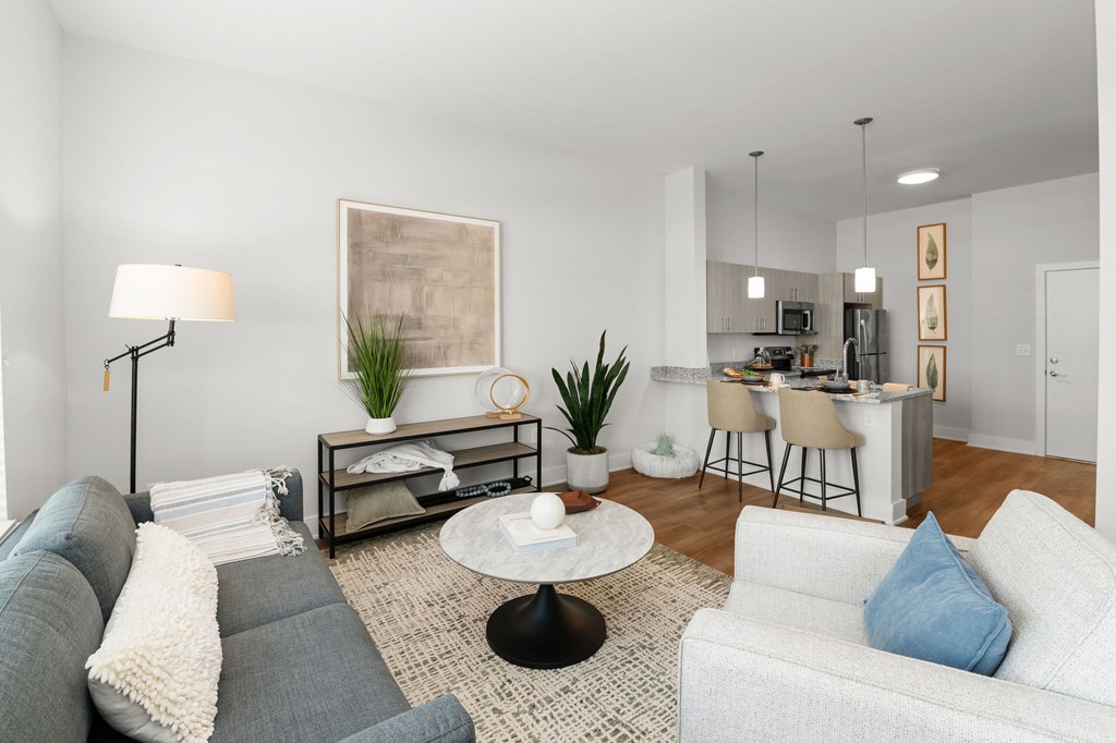 A living room with a grey couch, a white couch, a coffee table, and a kitchen area in the background.