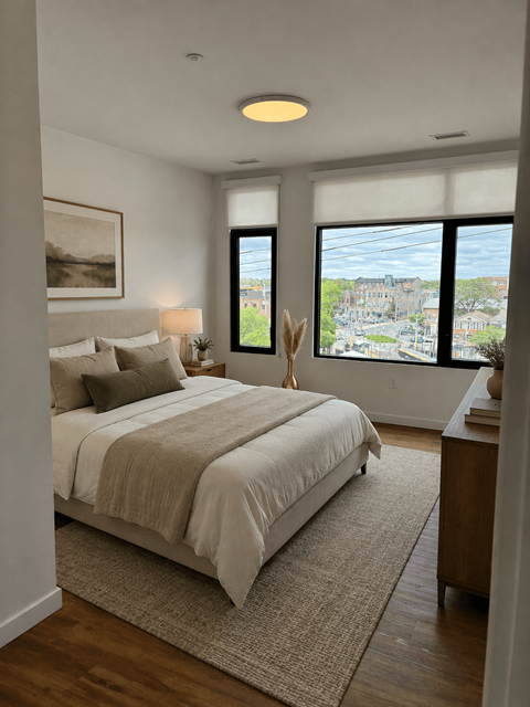 A bedroom with a large bed and a view of the city.