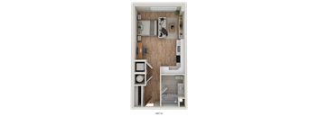 A top down view of a small apartment with a bed, desk, and kitchen area.